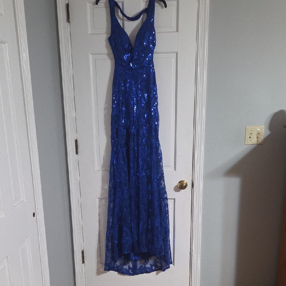 Royal Blue Sequin V-Neck Evening Gown